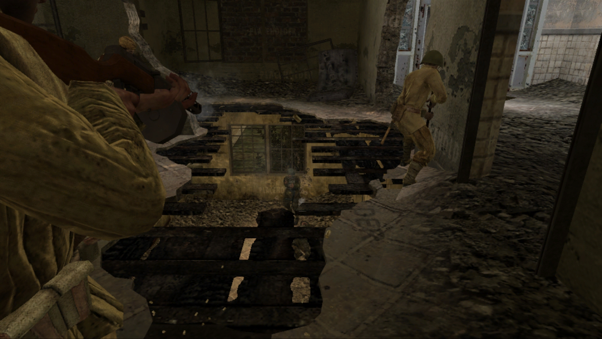 Inside of the asylum. Note the lower-detailed PPSH-41 world model.