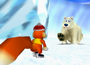 Conker wears a knit hat as he greets a polar bear in Snowshaker Peak.