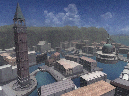 Shows a work-in-progress screenshot of Castle Town. Several buildings are only white placeholder models. The building to the left of the entrance to New City is also different, being much taller. You can also notice two buildings clipping into each other to the left of the tower, and again in the bottom-right.