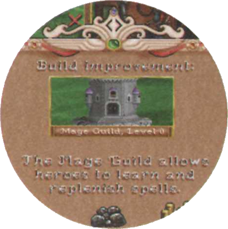 Mage Guild level 0 with image from HoMM1. There is also a fragment of miniature of Pikemen dwelling from HoMM1 from building menu.