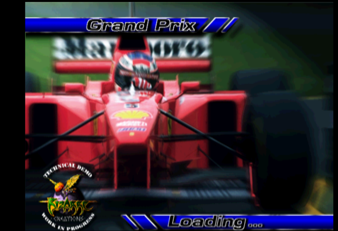 Grand Prix mode loading screen. Featuring Michael Schumacher in his Ferrari with Marlboro sponsorship visible. This loading screen would be replaced with a TV broadcast style loading screen later on.