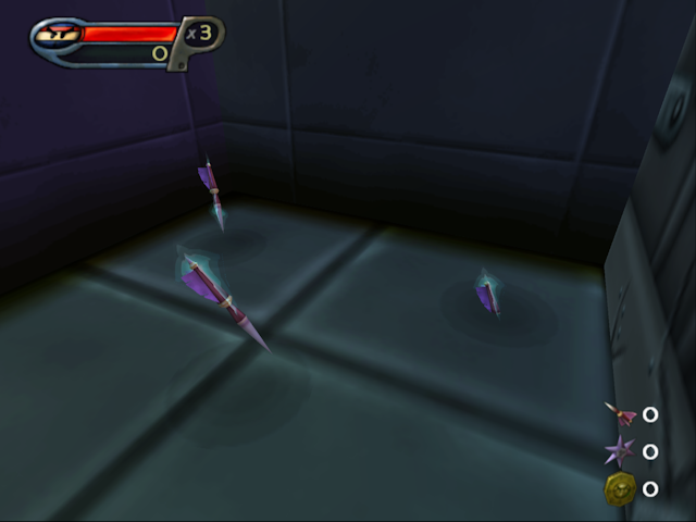 One dart (right) is placed halfway in the floor inside the breakable boxes at the end of the stage . One dart (right) is placed halfway in the floor inside the breakable boxes at the end of the stage .