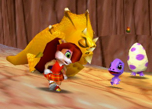 Berri and her Dinosaur companion play near a Triceratops in Dinosaur Island. A hatchling of the same species is nearby.