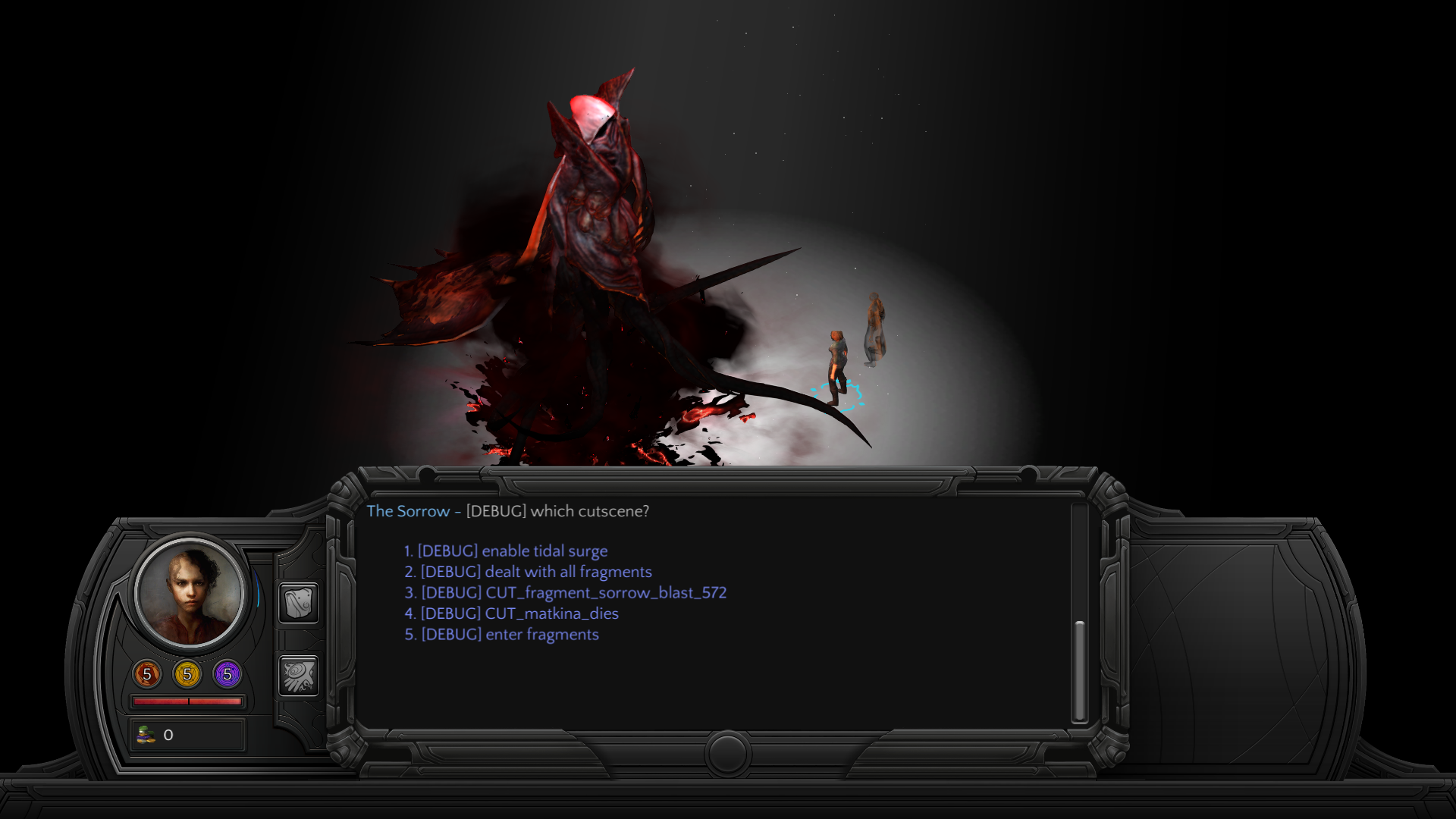 End Fathom - Endless Battle - The Sorrow - Note the debug options in the H.U.D. conversation window. The sorrow asks, "[Debug] which cutscene?"