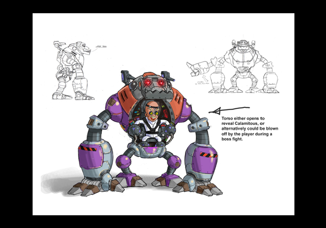 Calamitous with an animal-styled mech, likely intended for a solo boss fight when Retroville had its own level set