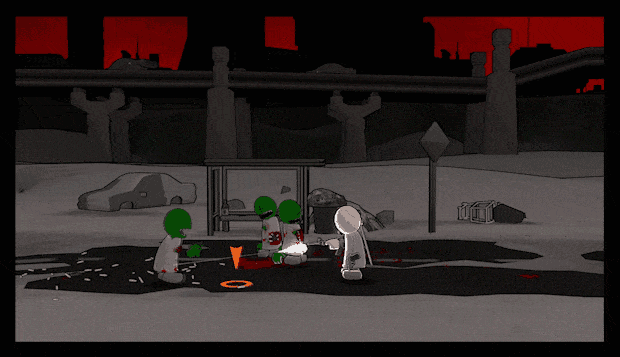 A gif of the player character firing at zombies, with some early and rougher animations.