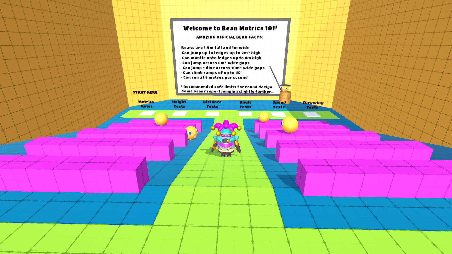The first room is similar to a classroom, with Blastballs as the students. There is a Blastball teacher with a hat, pointing to a board. Transcript: "Welcome to Bean Metrics 101! AMAZING OFFICIAL BEAN FACTS: - Beans are 1.9m tall and 1m wide - Can jump up to ledges up to 2m* high - Can mantle onto ledges up to 4m high - Can jump across 6m* wide gaps - Can jump + dive across 10m* wide gaps. - Can climb ramps of up to 45° - Can run at 9 metres per second *Recommended safe limits for round design. Some beans report jumping slightly further..."