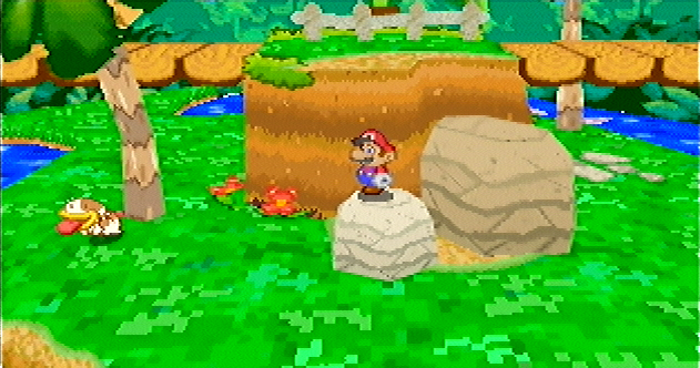 Mario atop a rock near a ledge connected by two long bridges. Poochy, who is absent from the final game, can be seen on the left. Mario atop a rock near a ledge connected by two long bridges. Poochy, who is absent from the final game, can be seen on the left.