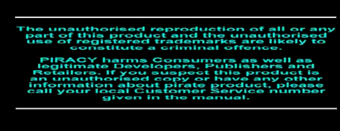 A logo warning people not to pirate games.