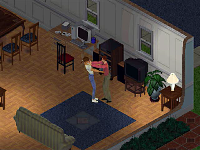 Early mid-end TV and computer desk (sold as a desk + PC combo, rather than being separated Buy Mode items!) designs, as well as an alternate skin for a used dining chair. Here, two Sims Shove; the base game unknowns this interaction. It was later repurposed in the Hot Date Expansion Pack. Early mid-end TV and computer desk (sold as a desk + PC combo, rather than being separated Buy Mode items!) designs, as well as an alternate skin for a used dining chair. Here, two Sims Shove; the base game unknowns this interaction. It was later repurposed in the Hot Date Expansion Pack.