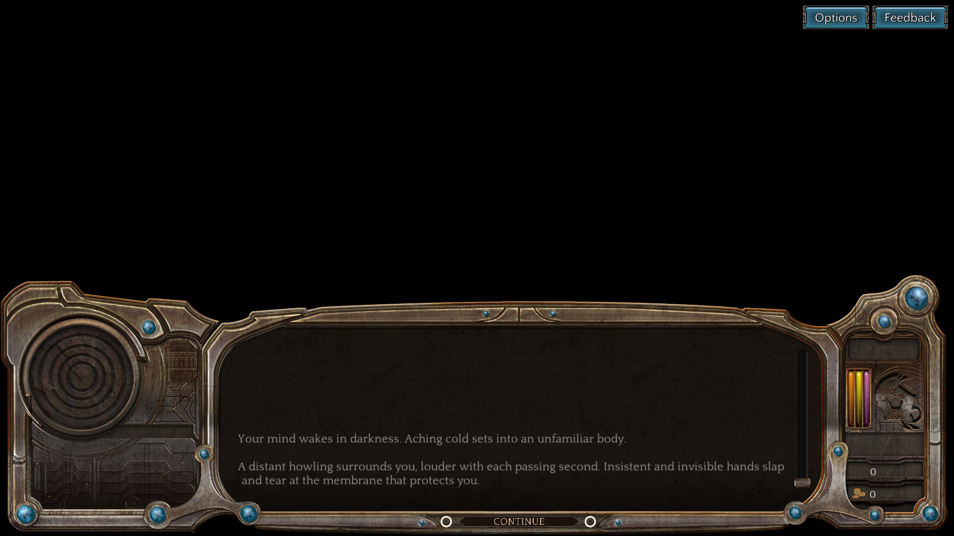 Early H.U.D. with options and feedback buttons at the upper right of the screen