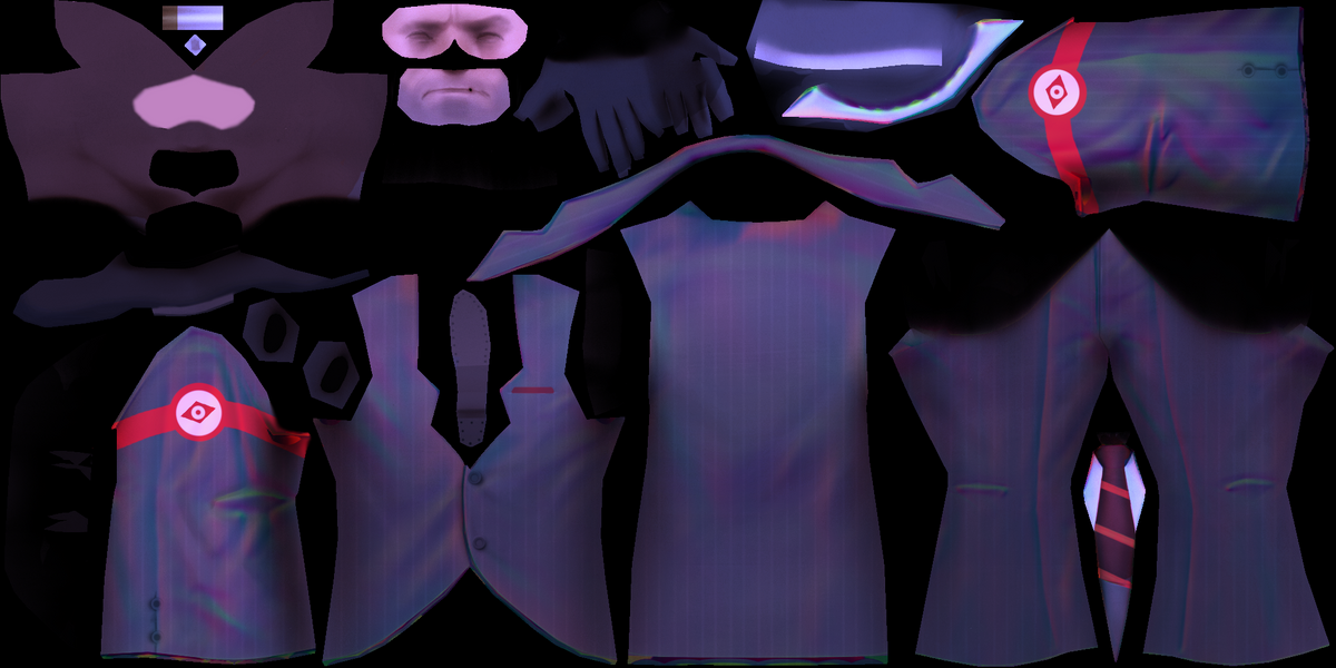 The unused normal map for Spy, overlaid on top of the texture. Created by Alieneer.
