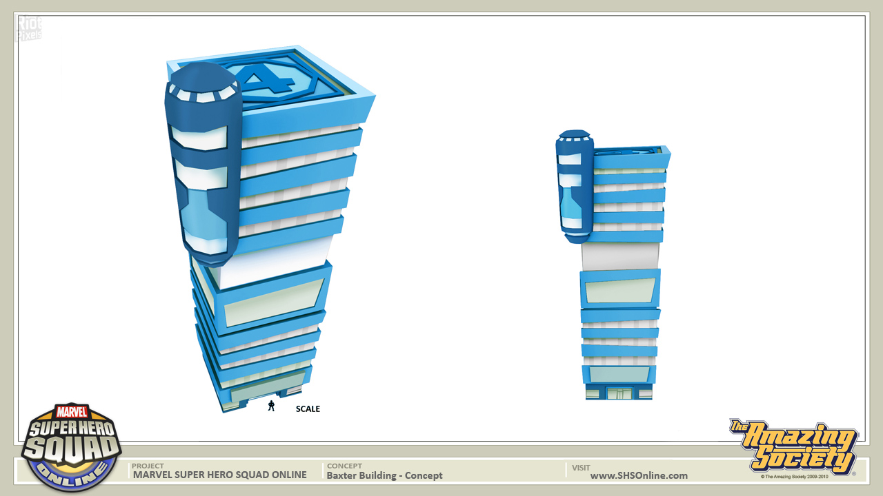 Concept art for Baxter Building; in the final, it has walkways and a room to make yourself invisible. Concept art for Baxter Building; in the final, it has walkways and a room to make yourself invisible.