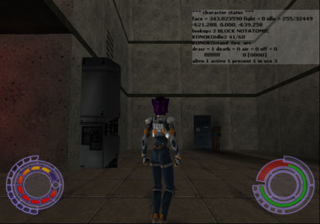 Character status debug information. Displays all of Konoko's animation details.