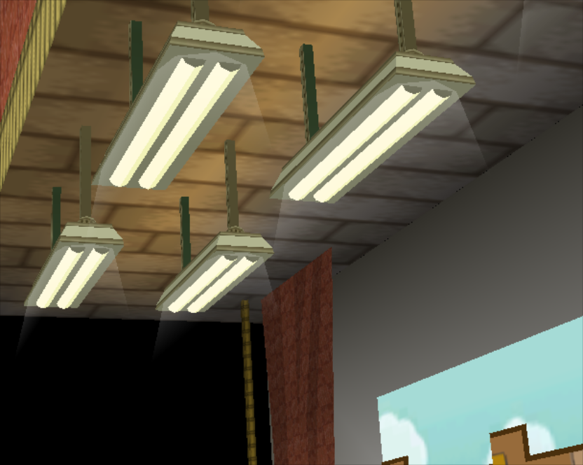 Slightly above the curtains are fluorescent light fixtures, complete with light beams, that cannot be seen by normal means.