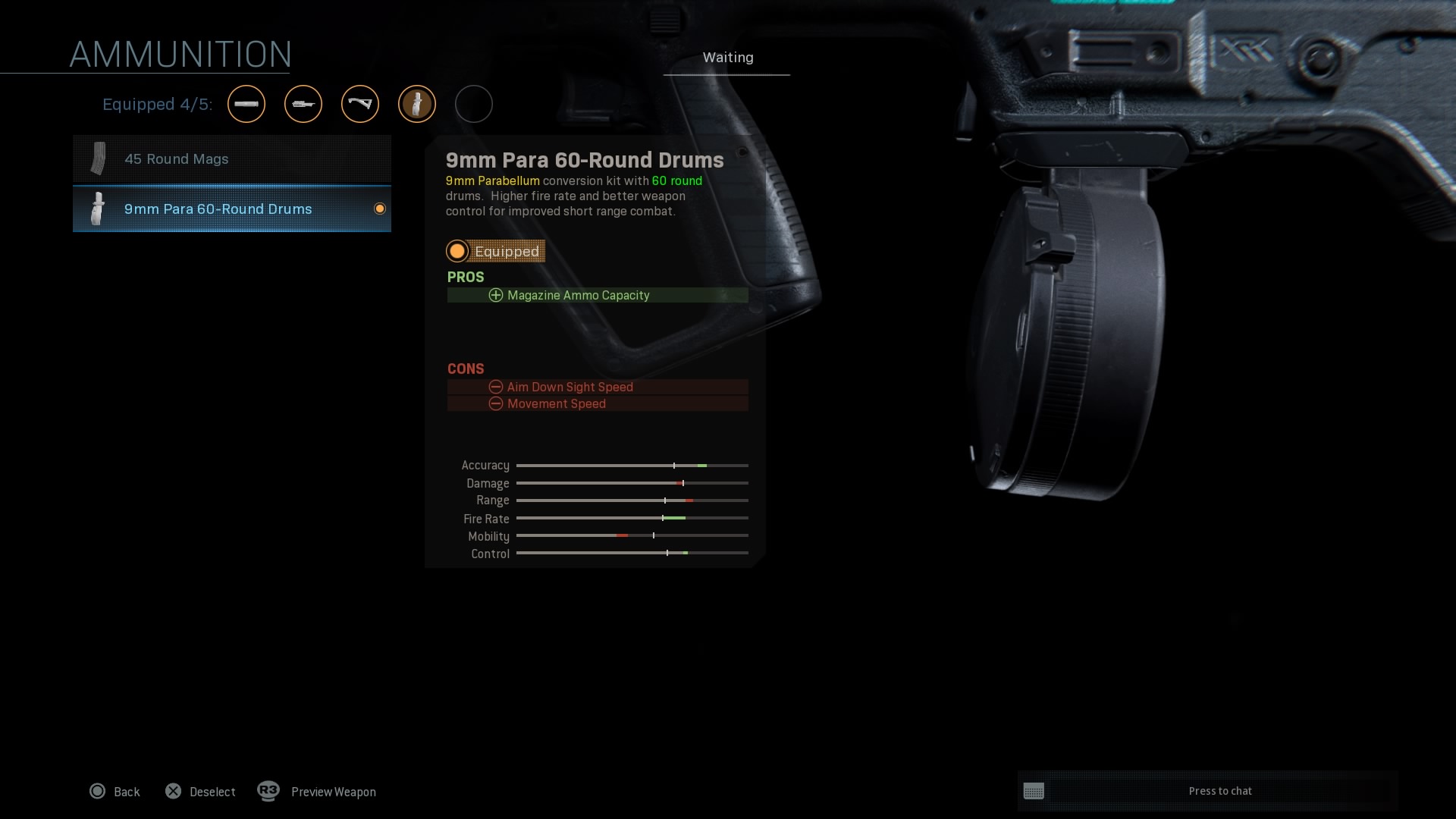 Image of the 9mm Para 60-round Drums for the RAM-7 in the Gunsmith menu.