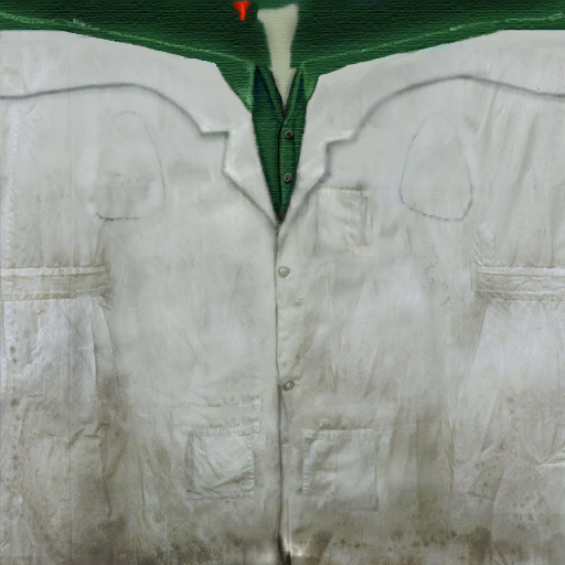 Lab coat with green undershirt.