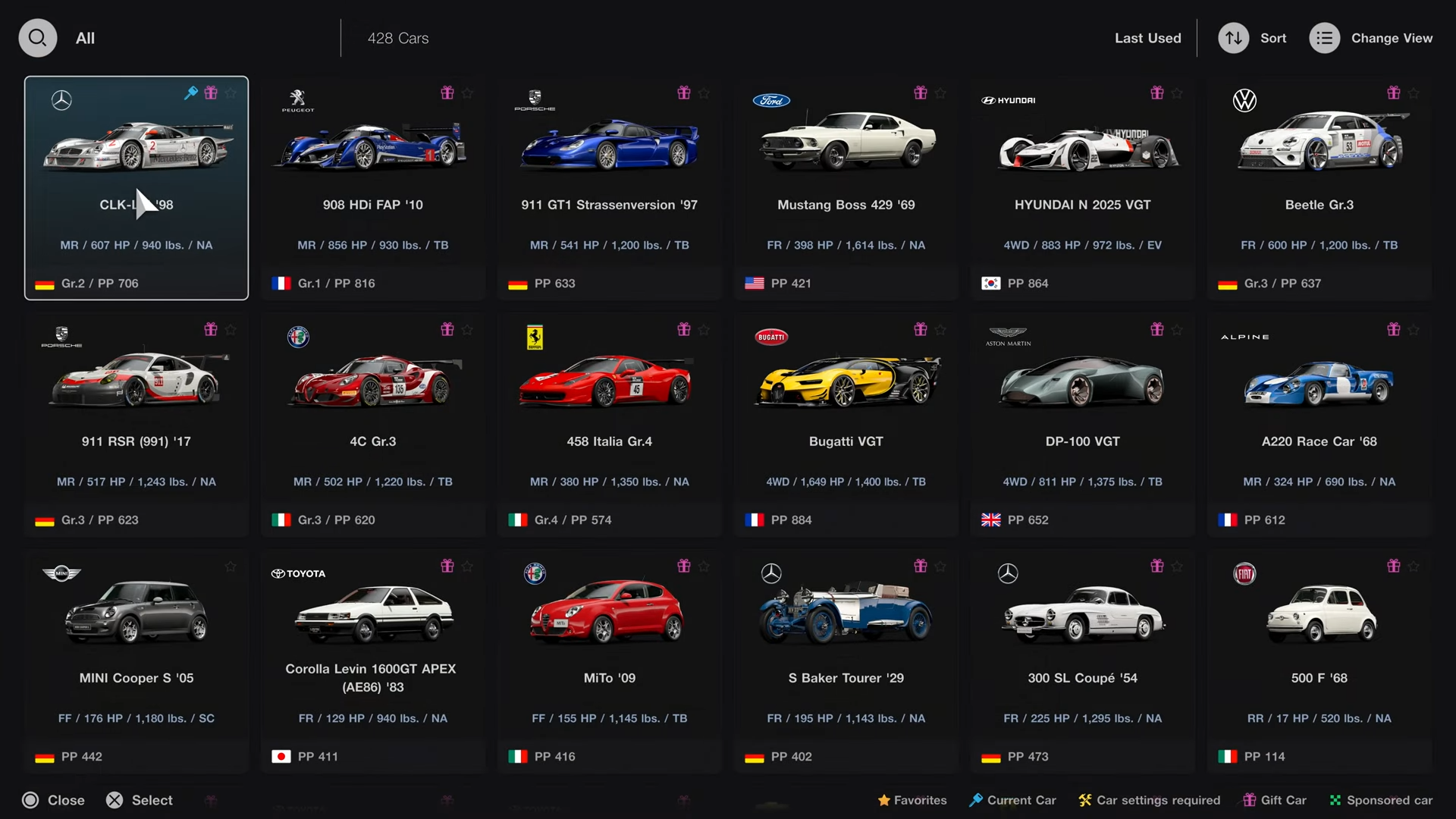 Car chooser. The PP/class and gift car/favorite status swapped positions in the final game, and the CLK-LM is shown as a Mercedes-Benz car, which was changed to AMG at launch, only to be reverted back to Mercedes-Benz in version 1.31. Car chooser. The PP/class and gift car/favorite status swapped positions in the final game, and the CLK-LM is shown as a Mercedes-Benz car, which was changed to AMG at launch, only to be reverted back to Mercedes-Benz in version 1.31.