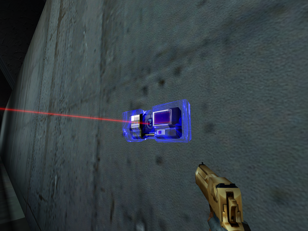 Trip Mine in shielded mode. The bomb is flashing blue while being shot to indicate that it is shielded and can't be blown up via gunfire.