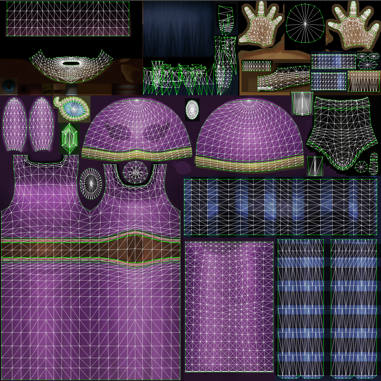Ravio's main texture file with the UV map overlayed, showing all the unmapped parts of the texture.