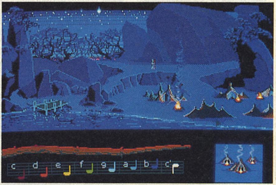 The Loom Island crossroads. The exit to the tents is marked with a picture in the GUI, a feature which was later cut. (Other screenshots from this article show the pointer cursor from the final game was in use by this point.)