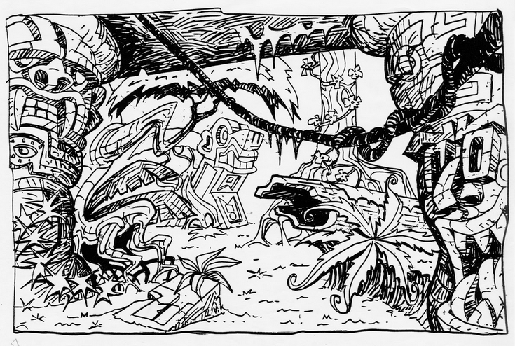 Concept art of a jungle level. Concept art of a jungle level.