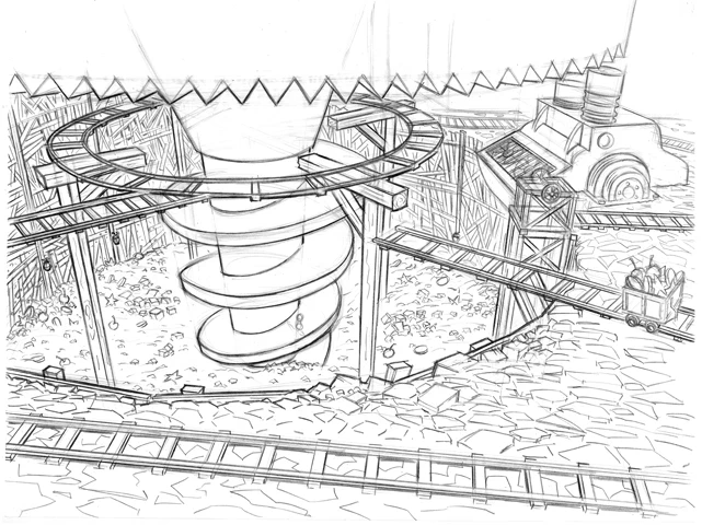 "Most of these level overviews are iterative and rapid fire, there isn't always time to "finish" these pieces (add color and lighting). Usually line is enough to convey the general idea."