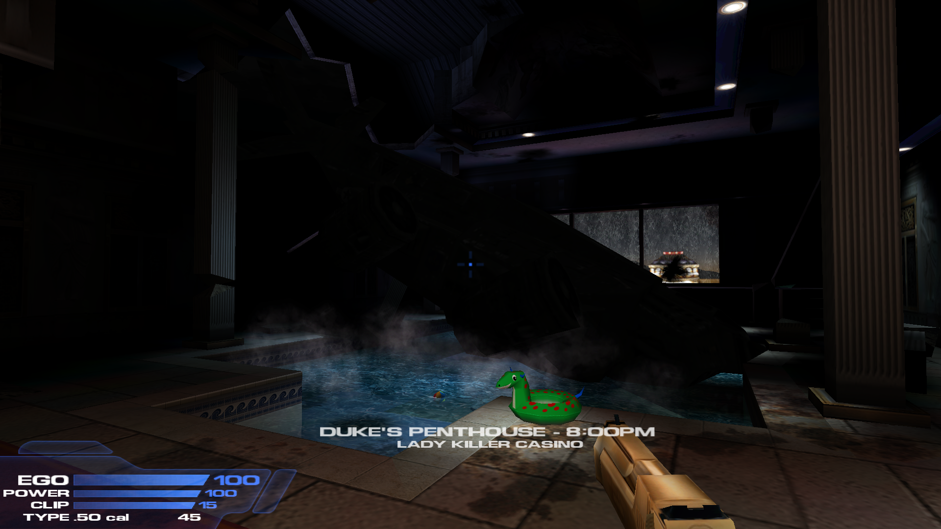 The start of the map, it's not immediately obvious but an EDF ship has crashed into the pool, killing someone in the back.
