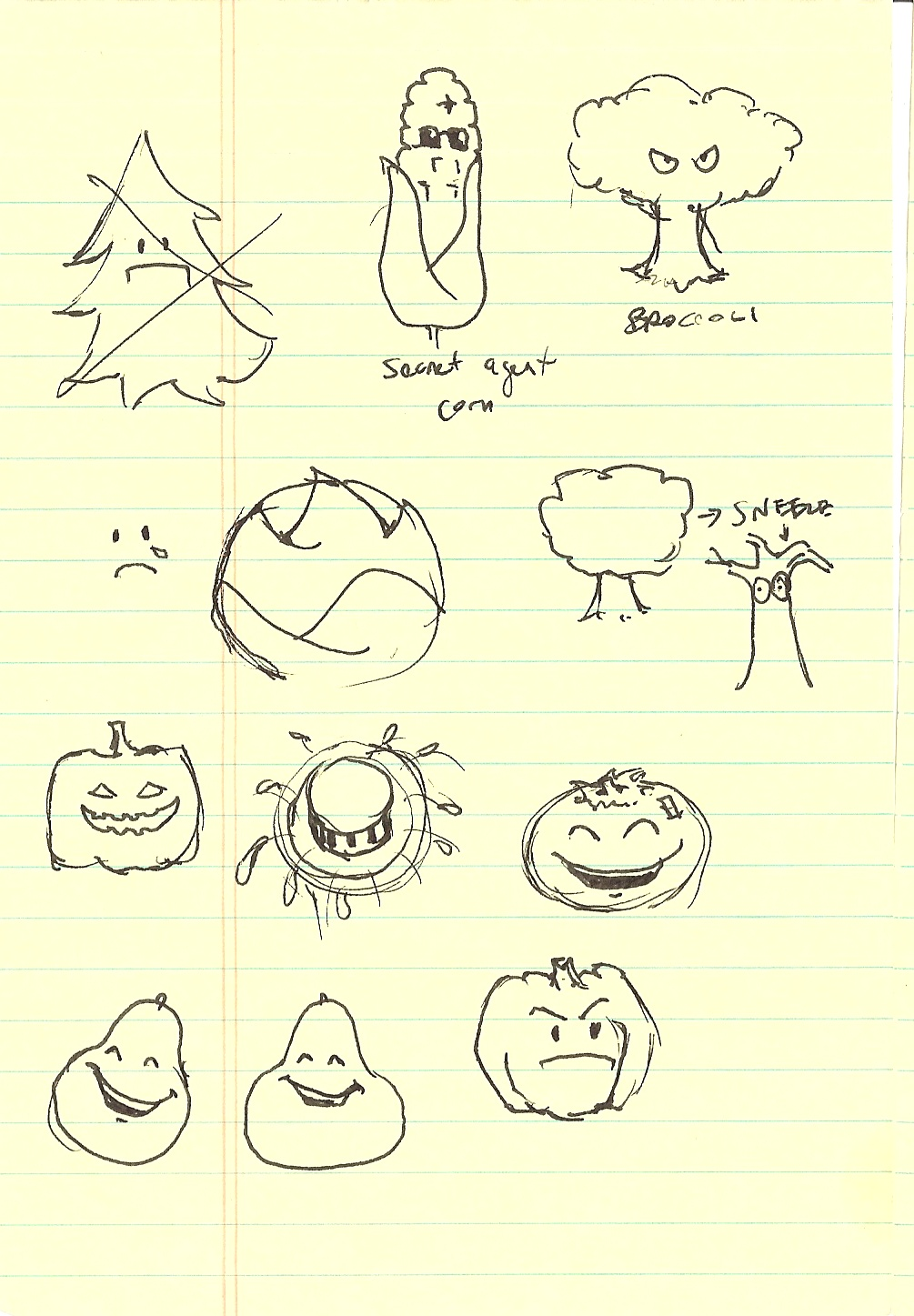 Some plants consisting of what looks like an evergreen tree crossed out, a corn cob which has the text "Secret Agent Corn" which probably became Cob Cannon, but it is also worth mentioning that in Plant vs. Zombies: Garden Warfare 2, there is a Kernel Corn NPC that is also named "Agent Corn." There is also an angry broccoli, some sort of plant with a mask(?), a tree which would sneeze, possibly an attack, the pumpkin, some sort of potted plant(?), a happy tomato and some squash, and a grumpy non-carved pumpkin.