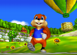 Conker walks around a hot air balloon in the Windmill area.