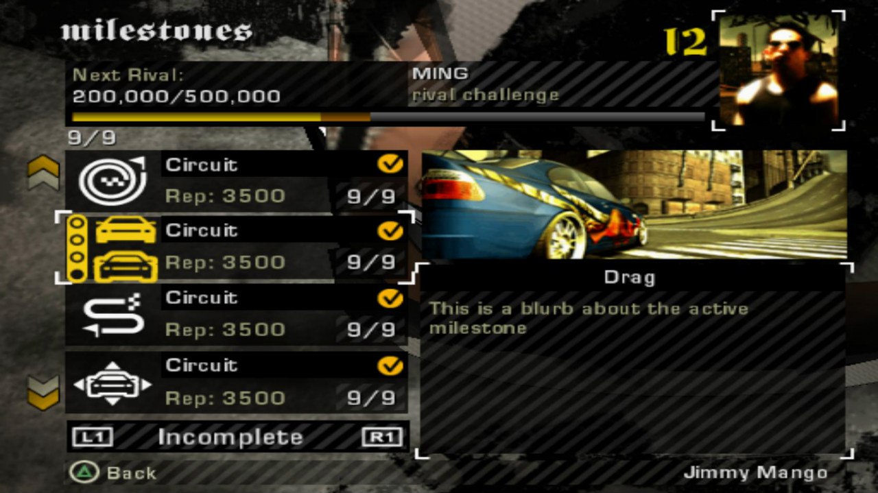 An early milestones menu. An image of a cut BMW M3 (E46) can be seen here, along with a cut race mode icon. An early milestones menu. An image of a cut BMW M3 (E46) can be seen here, along with a cut race mode icon.