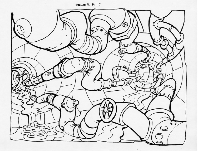 Concept art of an unused sewer level (This idea was later used in Cortex Strikes Back) Concept art of an unused sewer level (This idea was later used in Cortex Strikes Back)