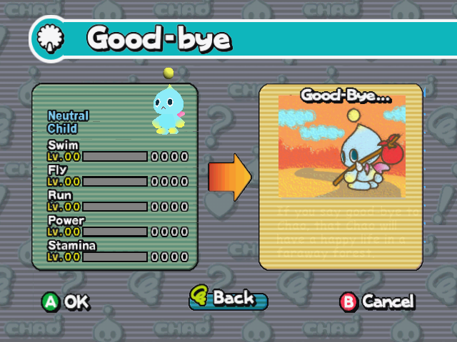 The Good-bye menu in the Chao Transporter. The Good-bye menu in the Chao Transporter.