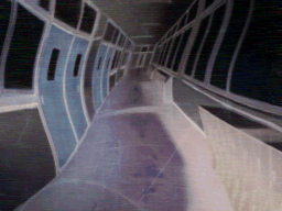 BG_ROUD2, an unused wonky variant of the used BG_ROUD0. ROU stands for 廊下 (rouka, "hallway"). In the final game, this inverted-color effect is achieved through a palette filter command in the script files—the spatial distortion is not present.