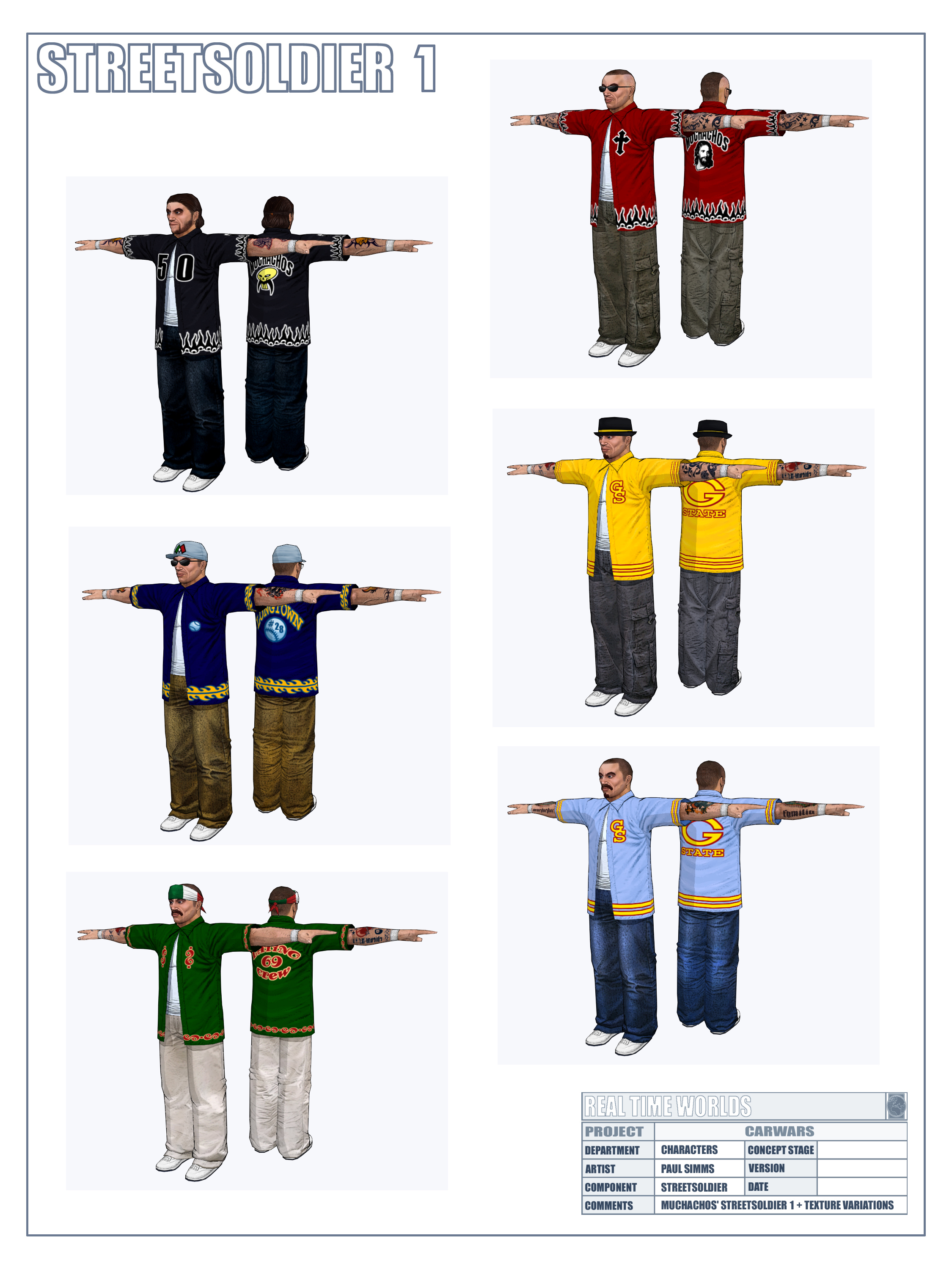 Sheet of various different Los Muertos street soldier models and designs.