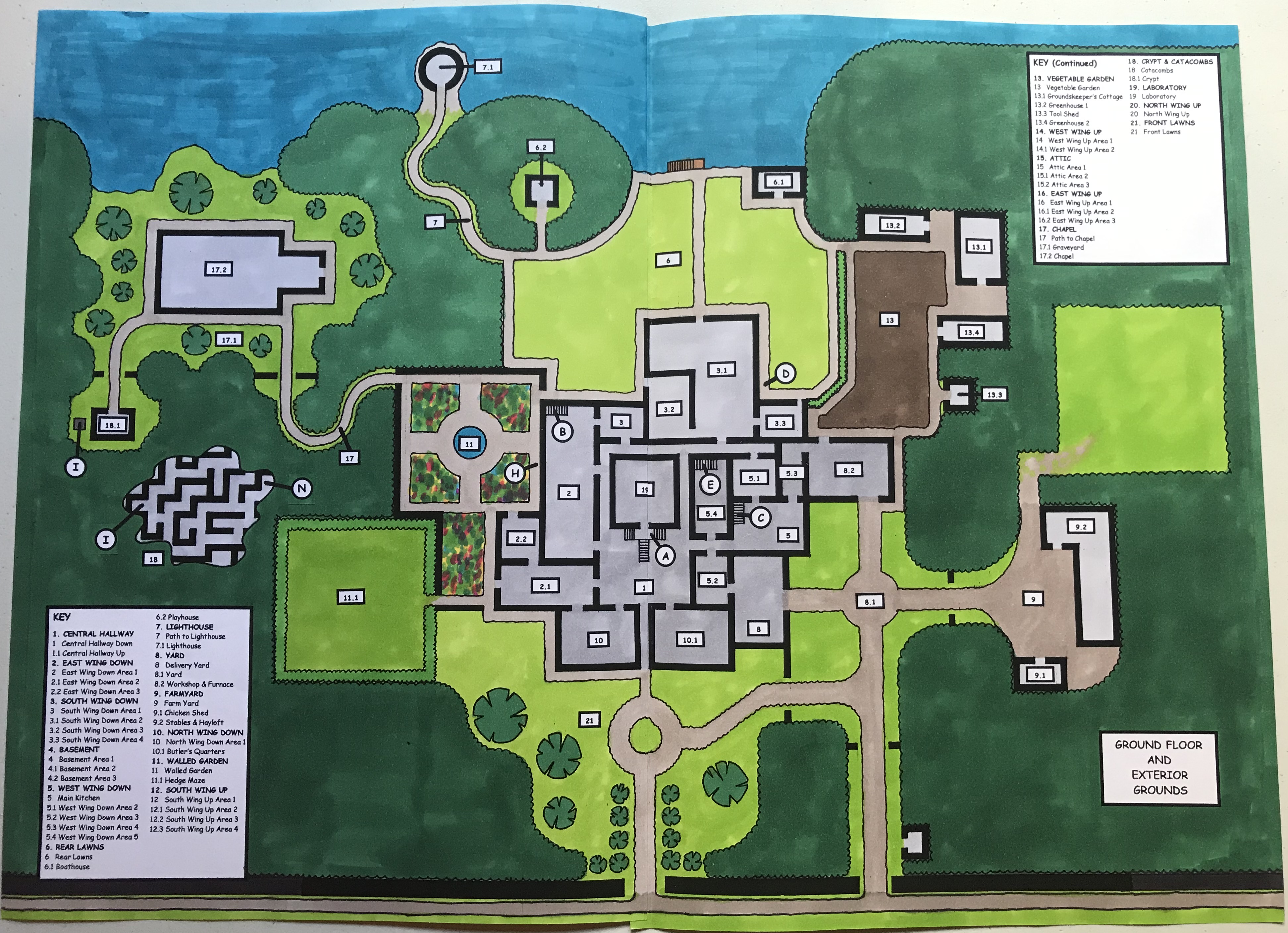 A colour overview of Ghoulhaven Hall, the overarching setting of the game, including locations that didn't feature in the final game. A colour overview of Ghoulhaven Hall, the overarching setting of the game, including locations that didn't feature in the final game.