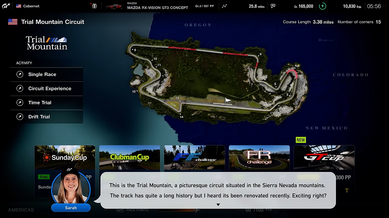 Selecting a race after selecting a track. Something blocked off by the speech bubble is that the GT Cup event on the right would have required a National A license and PP limit of 300 PP; other events here have no restrictions. Selecting a race after selecting a track. Something blocked off by the speech bubble is that the GT Cup event on the right would have required a National A license and PP limit of 300 PP; other events here have no restrictions.