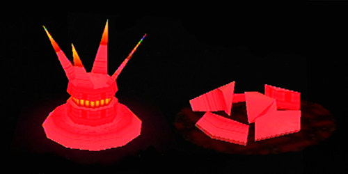 The mine model on the left with the broken mine to the right. The mine model on the left with the broken mine to the right.
