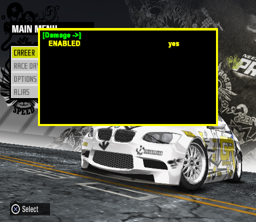 Damage menu on PlayStation 2.