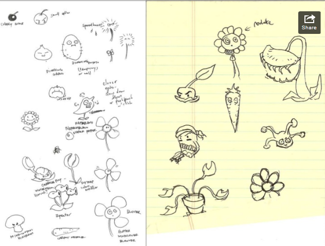 Various scrapped plants. Only what appear to be the Cabbage-pult, Wallnut, Garlic, Doom-shroom, Threepeater, Sunflower, Blover, Jalapeno, Chomper, and Marigold made it into the final game.