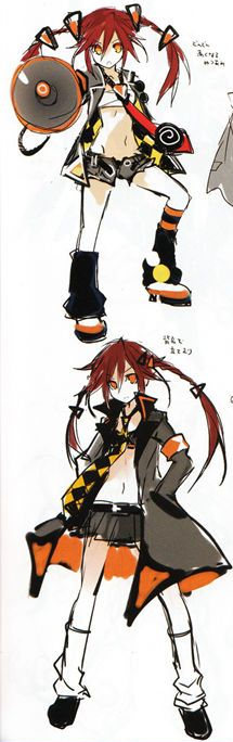 This version is closer to her final design, but her pigtails are more exaggerated, her suit is black instead of white, she wears a large jacket with an arm garment at the right, she has triangle-shaped hair clips on her pigtails, her tie has a different color, her socks are white, and she wears a skirt. This version is closer to her final design, but her pigtails are more exaggerated, her suit is black instead of white, she wears a large jacket with an arm garment at the right, she has triangle-shaped hair clips on her pigtails, her tie has a different color, her socks are white, and she wears a skirt.