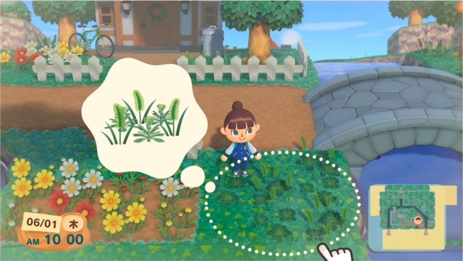 This screenshot has a player house, furniture, the scrapped white fencing, flowers, weeds, a river and cliffs.