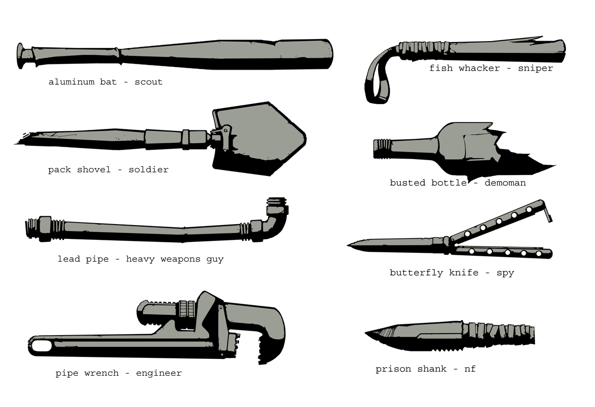 Melee weapons concept art. Note the Engineer's pipe wrench and the prison shank. Melee weapons concept art. Note the Engineer's pipe wrench and the prison shank.