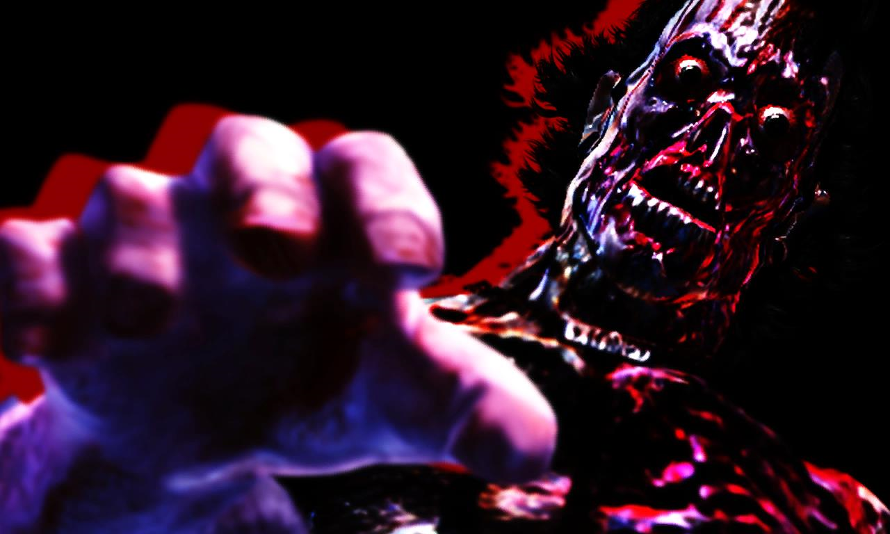 Artwork of Stones-A (standard Humanoid creature) reaching at the player against a black background. Most likely used after the Continue screen before showing the game's map.