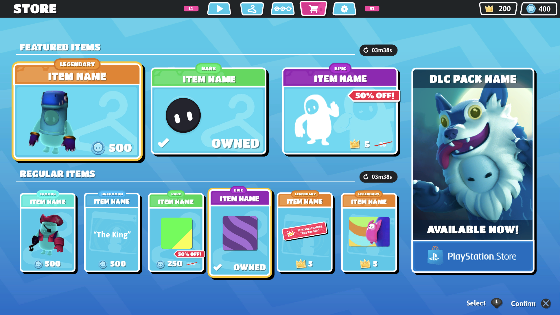 This is an early mockup for the Store. The UI artists Twitter @ can be seen on the second to last item in the regular items section.