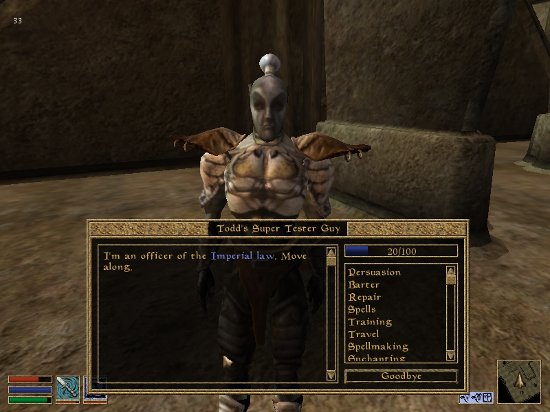 Todd's Super Tester Guy has just about every service in the game. He's also a member of Blades and a guard. So not only can he arrest, the player will also get kicked out of Blades for attacking him unprovoked. Todd's Super Tester Guy has just about every service in the game. He's also a member of Blades and a guard. So not only can he arrest, the player will also get kicked out of Blades for attacking him unprovoked.