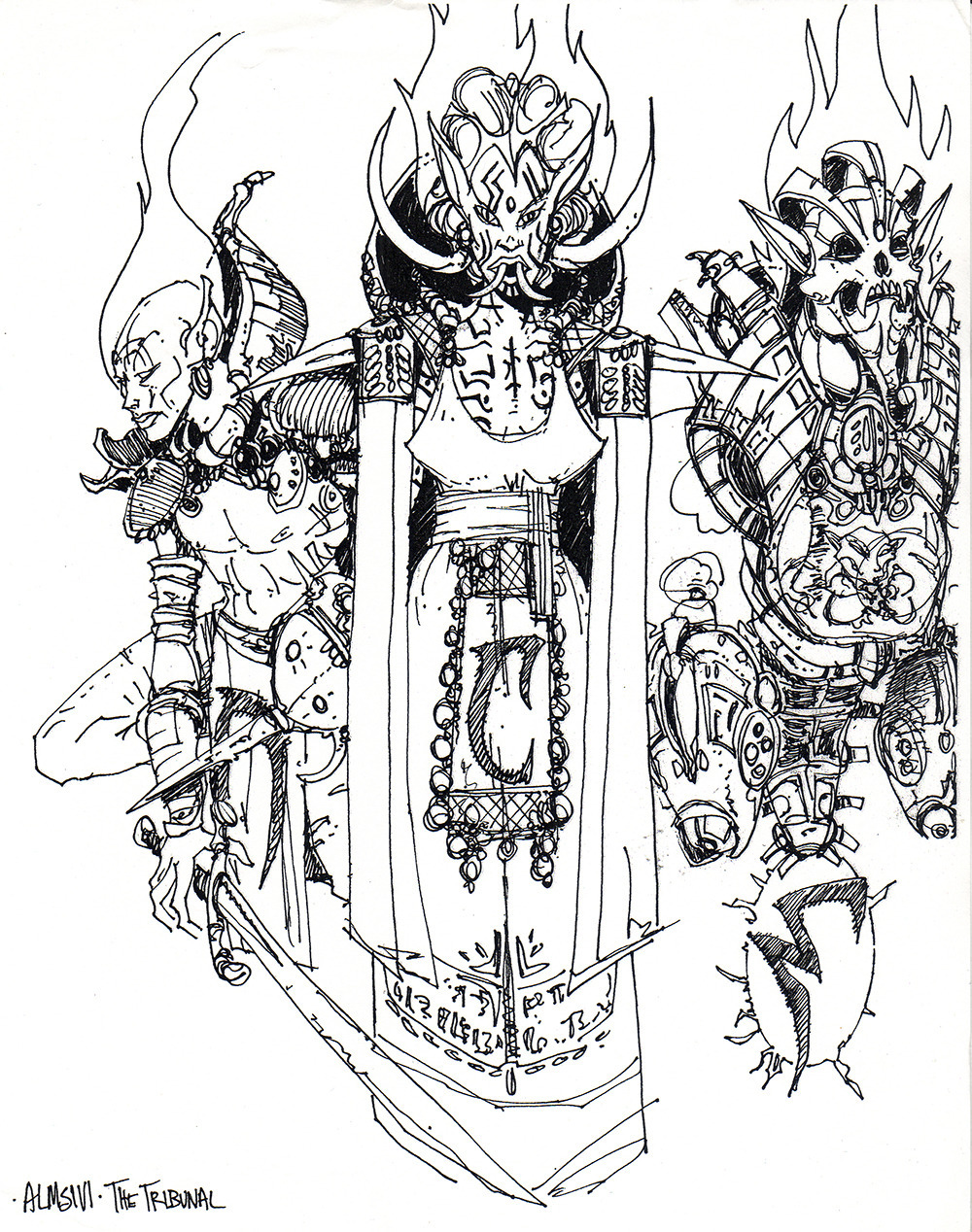 The Almsivi Tribunal - The Three Mangods. Ayem, Seht, and Vehk. Sotha Sil is noticeably pregnant, and is carrying a "Cosmic Baby" in an artificially constructed womb.