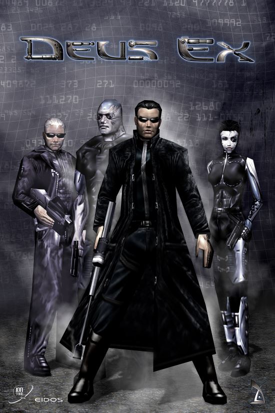 Promotional art for Deus Ex, parodying The Matrix.