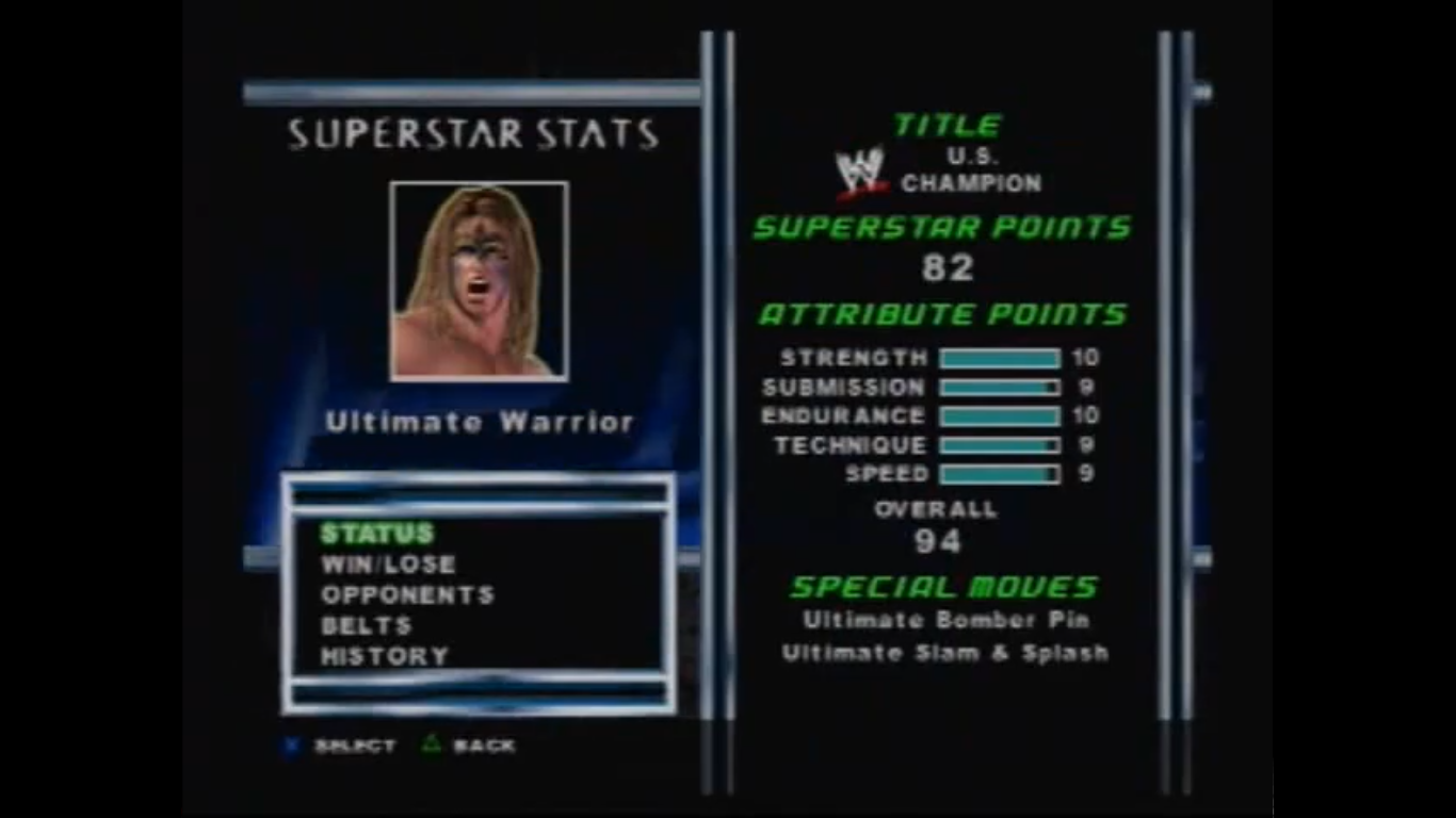 Ultimate Warrior's stats and finishing moves. Ultimate Warrior's stats and finishing moves.