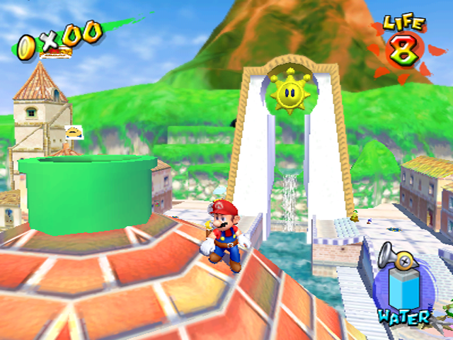 The pipe entrance to Sirena Beach is green instead of red. The entrance to Corona Mountain is also green as opposed to its final grey/brown mountain texture. There's the unused Ice Cream Cart beside the right-hand side of the Shine Gate, and no basket on the left-hand side. There's an extra platform in front of the left side of the Shine Gate instead of a wooden box and Blue Coin 'M' graffiti. There's no barrier at the waterfall between the Shine Gate. The Noki Bay entrance design is using a design seen in Rico Harbor. The pipe to Pianta Village is missing.